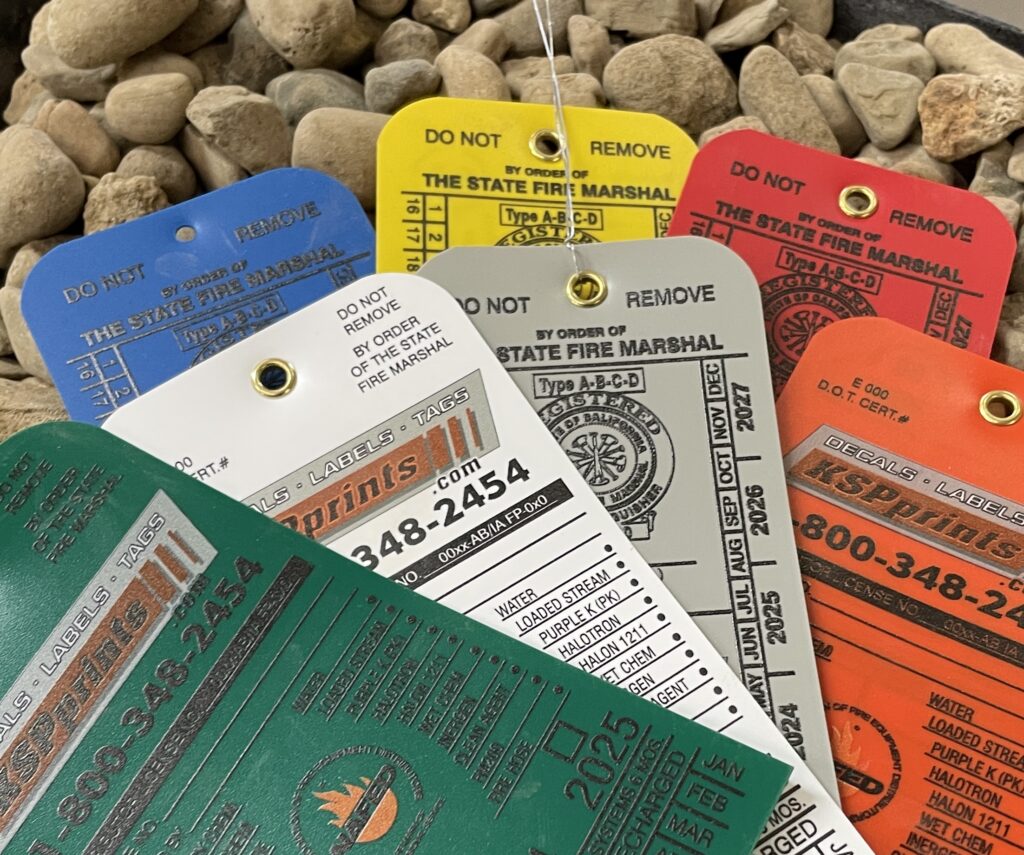 Outdoor durable plastic inspection tags come in seven colors; blue, yellow, red, green, white, gray and orange. Available with a drilled hole, metal eyelet and wires attached.