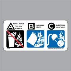 BC extinguisher class label showing Class B and C fire types. Printed on durable outdoor vinyl, 2.375 x 5 inches. Used for identifying the correct extinguisher.